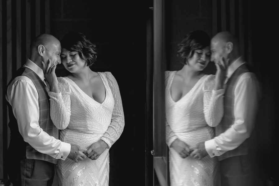 wedding couple intimate moment in black and white