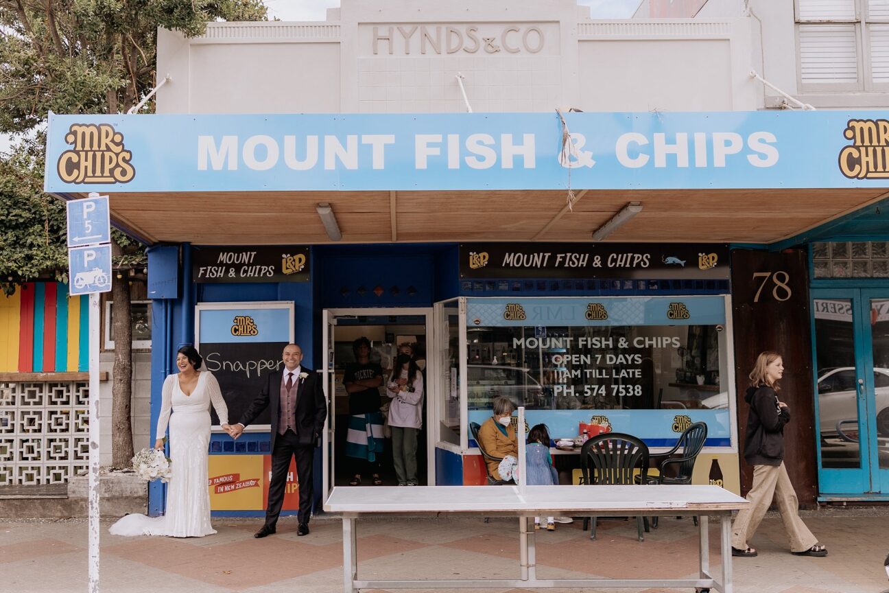 wedding photography at Mount fish and chips shop