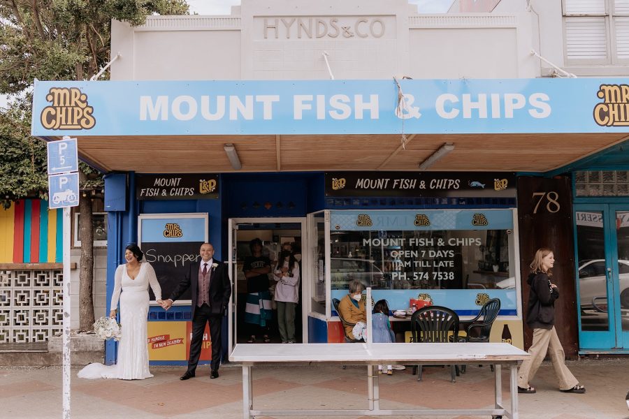 wedding photography at Mount fish and chips shop