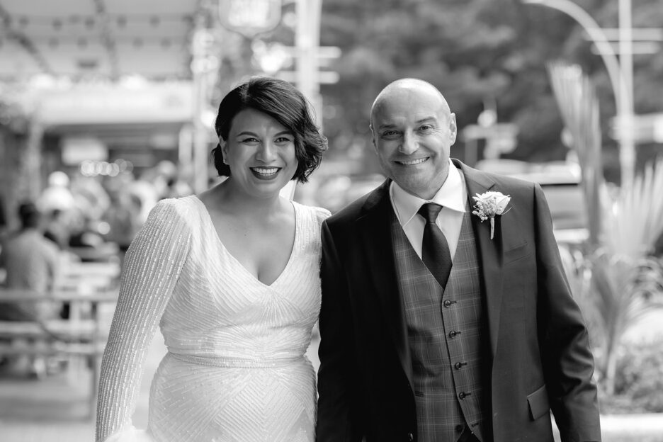 Bride and groom during photos at mount main shops on a saturday morning