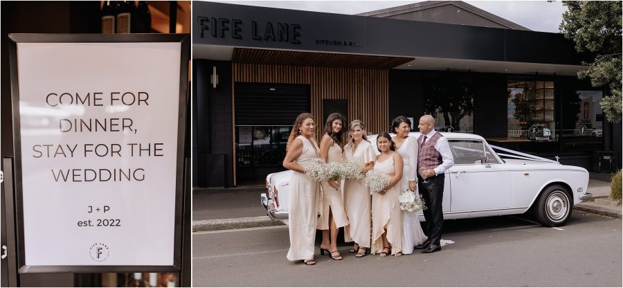 wedding party beside rolls royce Fife land kitchen and bar