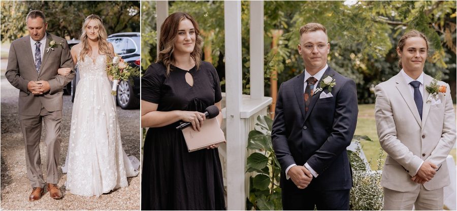 wedding celebrant and groom wait for bride to walk down aisle