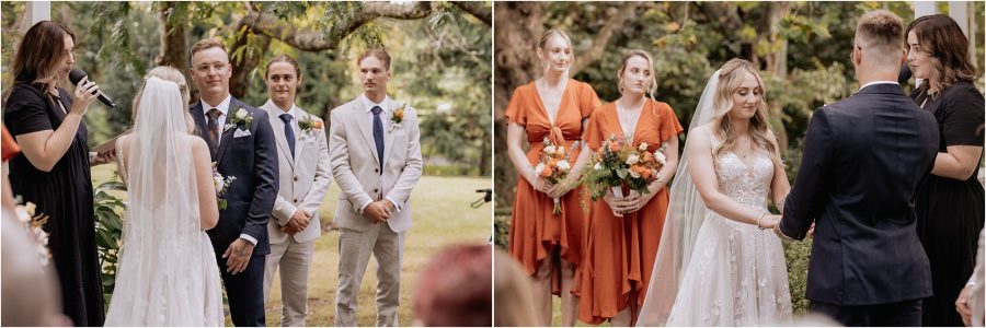 Wedding ceremony in progress with groomsmen in linen suits and rust bridesmaids