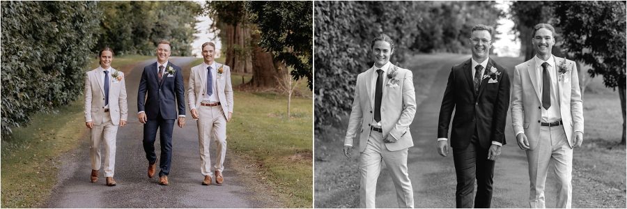 Groomsmen in linen and blue suits walking