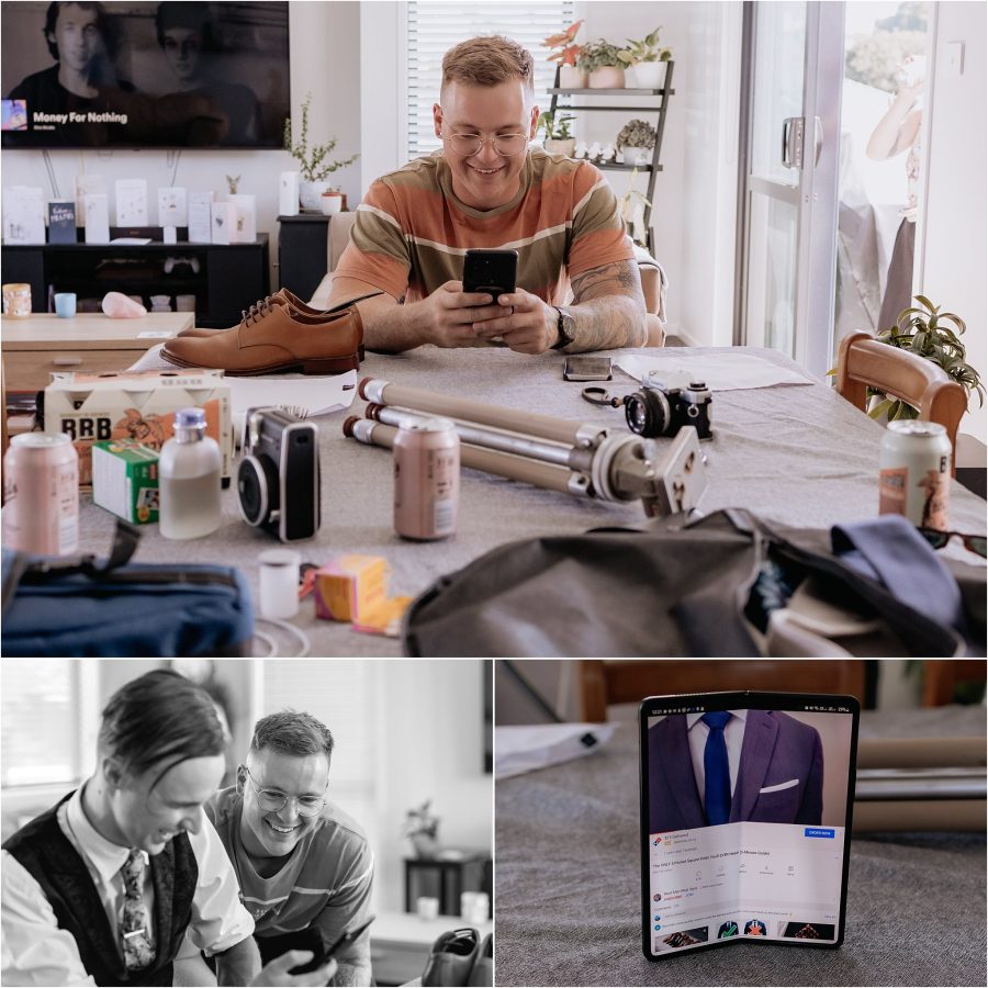 Groomsmen learning to tie ties with online tuturial