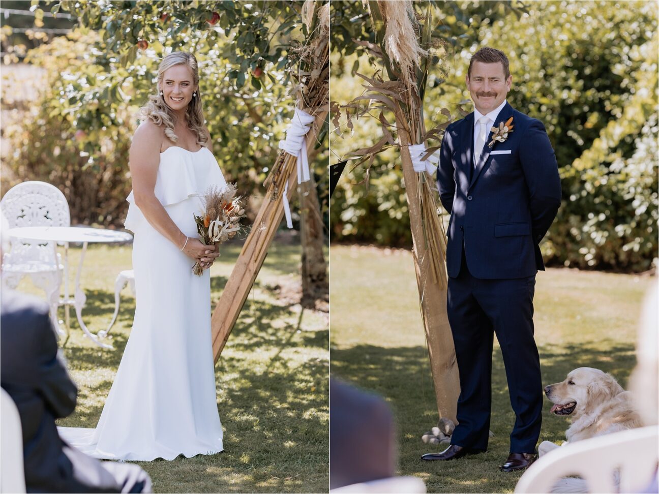 Bride and groom looking at guests laughing