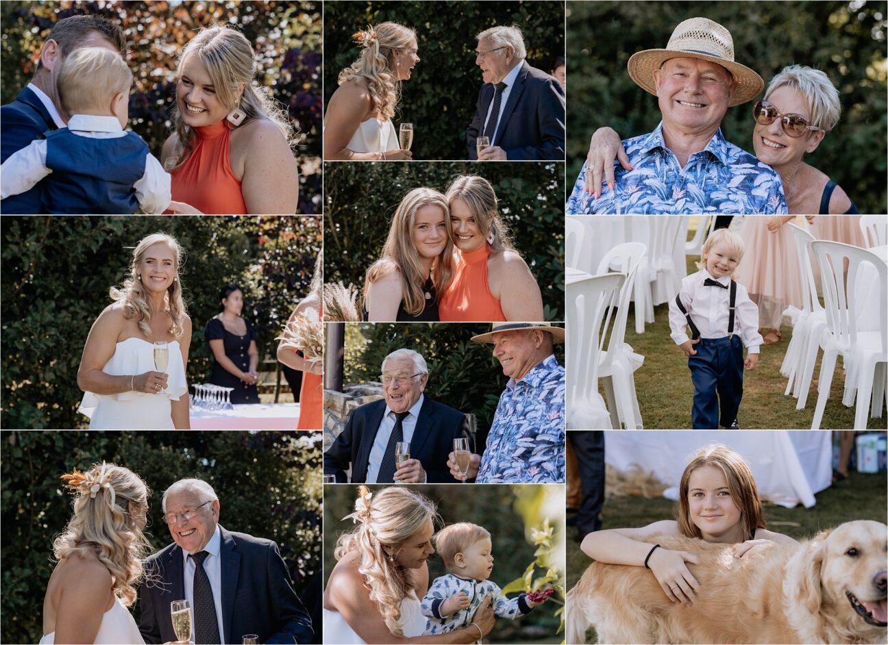 wedding guests mingling, bride talking with grandfather