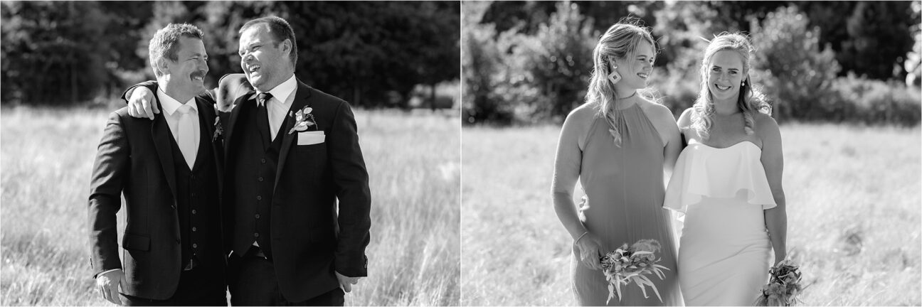 Groom with groomsman and Bride with bridesmaid walking laughing