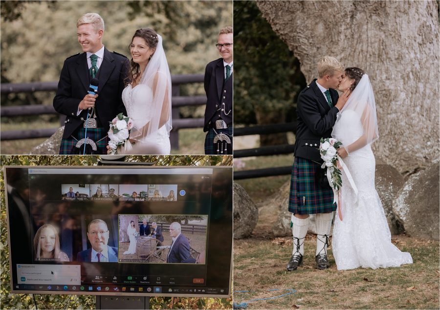 first kiss of bride and groom, parents viewing wedding on zoom