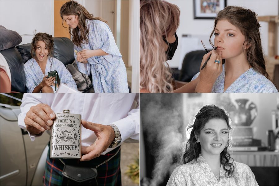 girls getting ready before wedding, dad holds whiskey flask