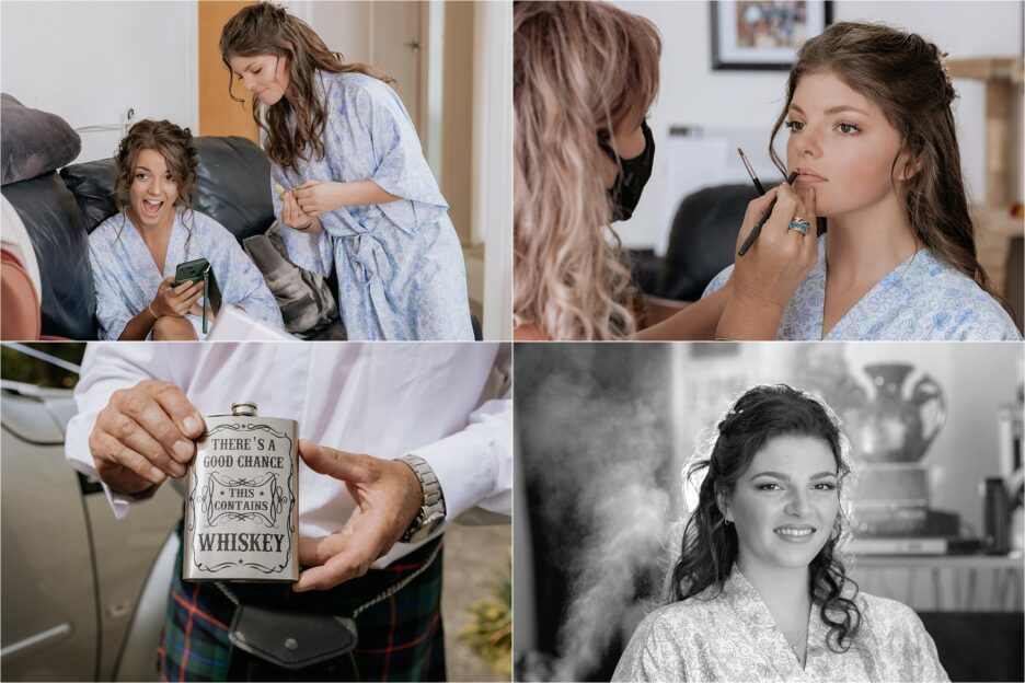 girls getting ready before wedding, dad holds whiskey flask