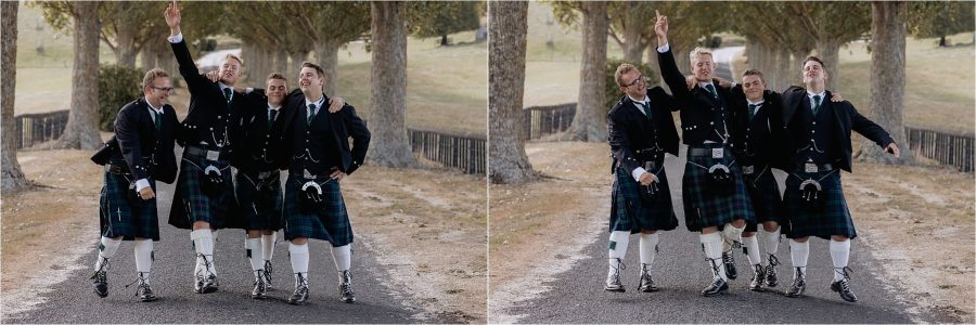 Scottish attire for groomsmen in kilts having fun