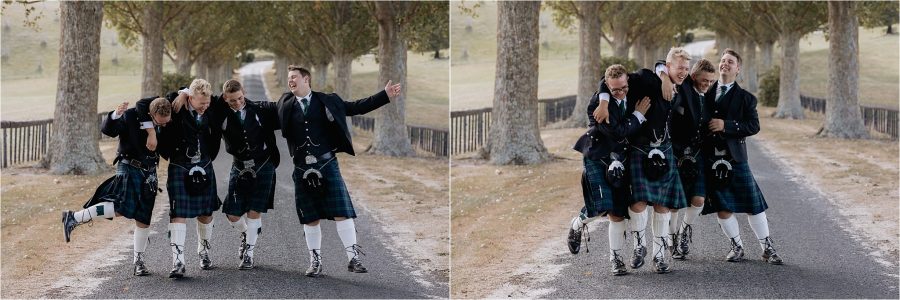 laughing happy boys in kilts being funny