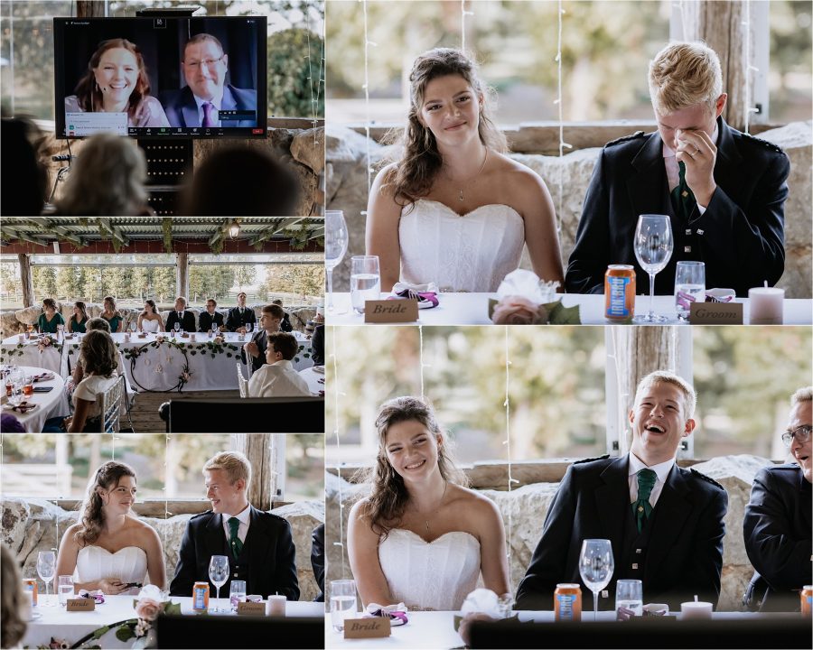 Wedding reception speeches bride and groom laughing