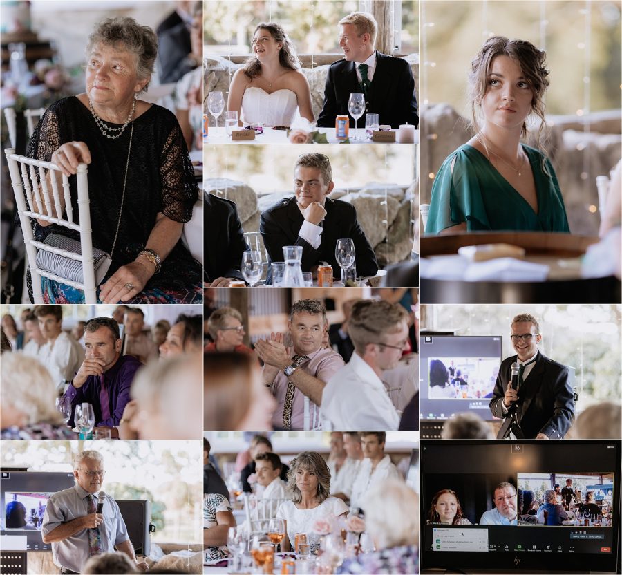 guests listening to speeches during red barn reception