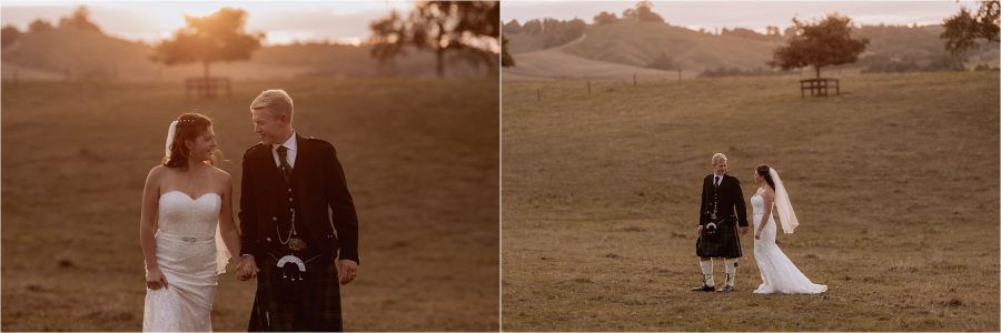 wedding photos taken during golden hour at red barn