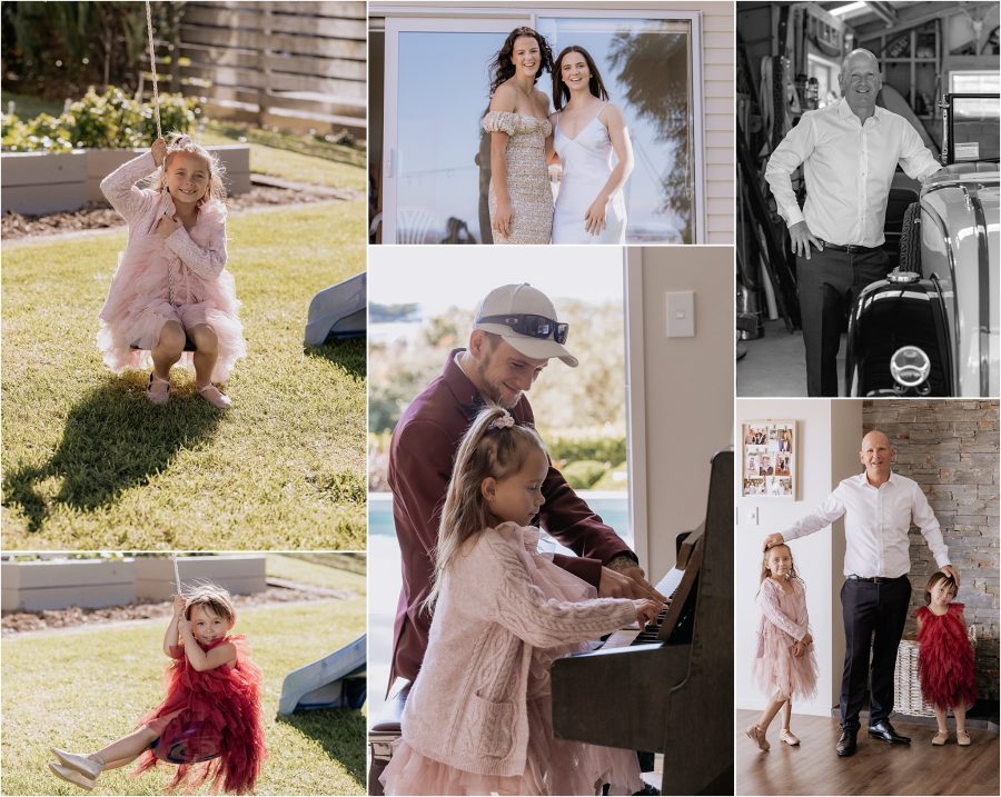 candid family photos with flower girls and dad playing the piano