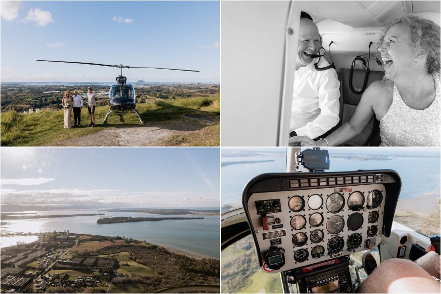 Taking a helicopter for wedding photos to Matakana Island