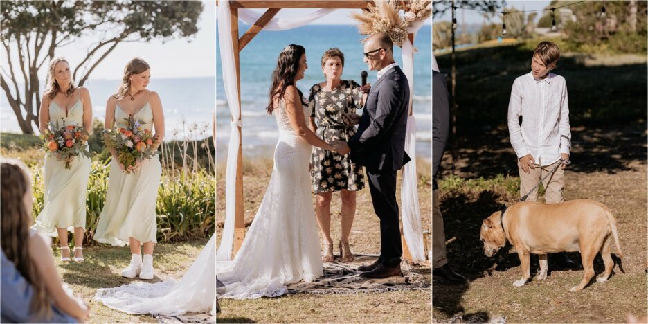 Bride and groom say vows in boho wedding on beach front