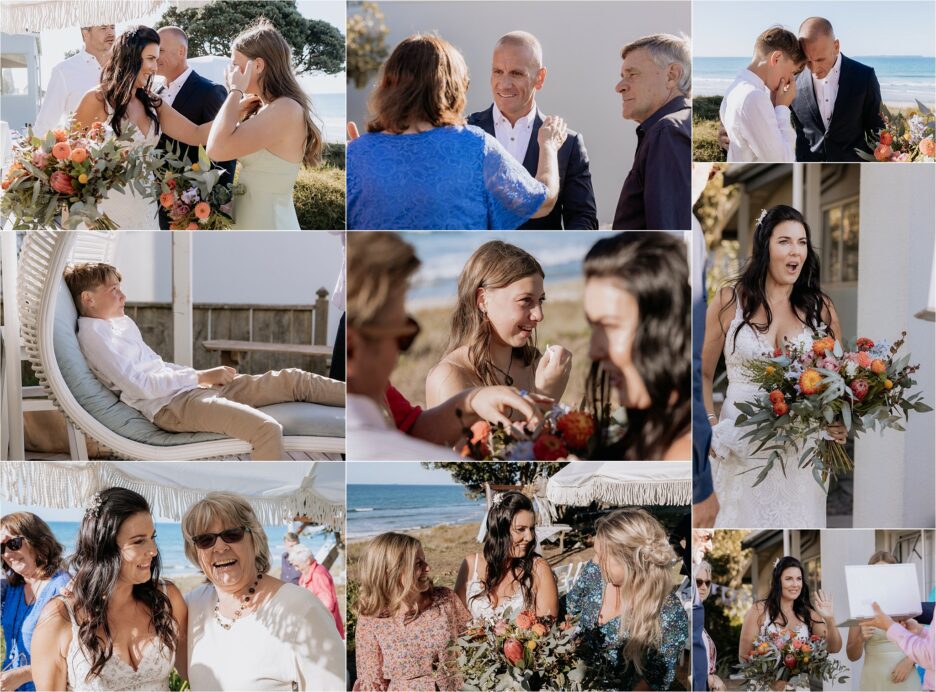 Guests hug and congratulate wedding couple