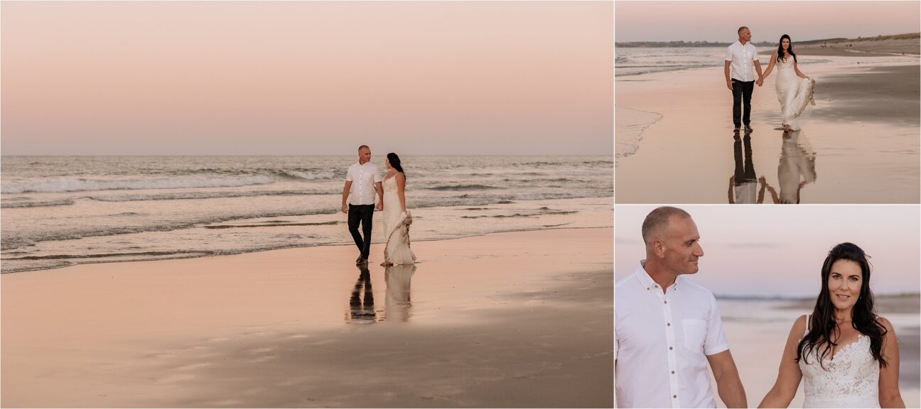 wedding photos during sunset on papamoa beach
