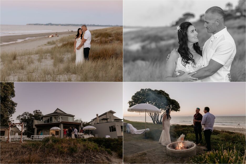 Evening photos on Papamoa beach of wedding couple