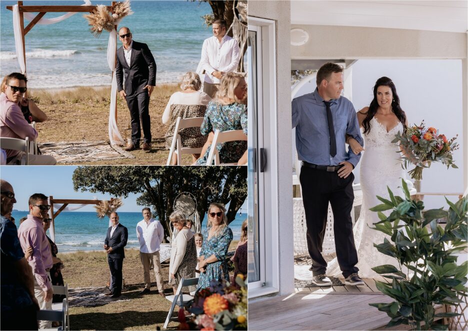 Bride walks down aisle in front of beach and groom waits