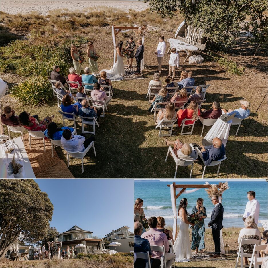 Wedding ceremony taken from on high at beach house