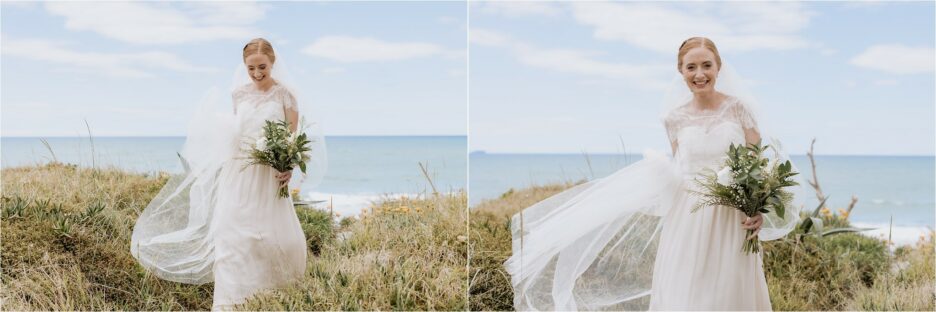 Bride walking with wind in veil on Pongakawa Beach
