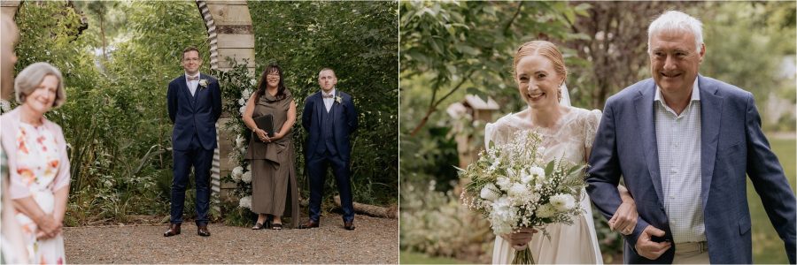 Bride walks down aisle as Groom waits at Old Forest school in summer wedding