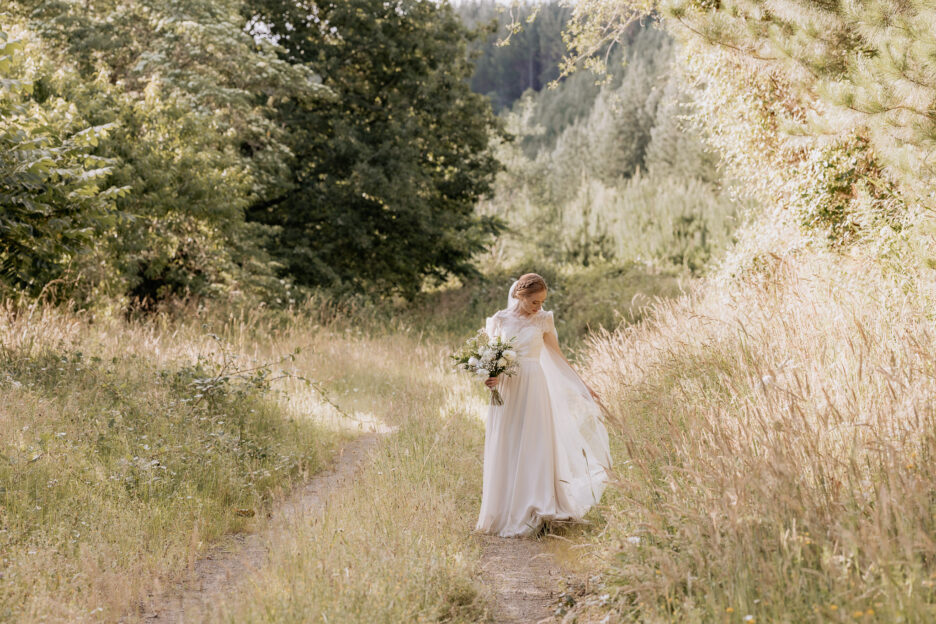 Bride in vintage lace dress at Old Forest School