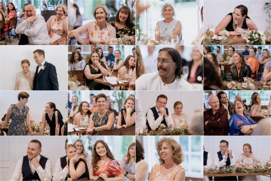 Wedding reception guests during speeches at Old Forest School