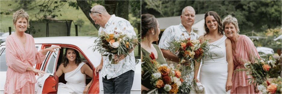 Arrival of bride with parents in vintage car