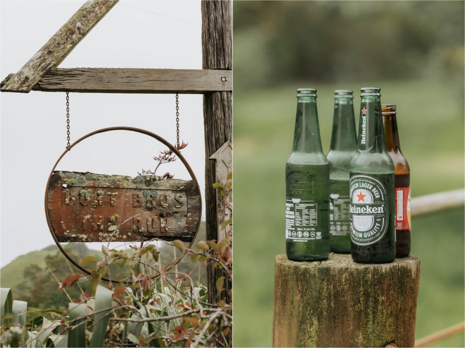 The Run signage with beer bottles on fence post