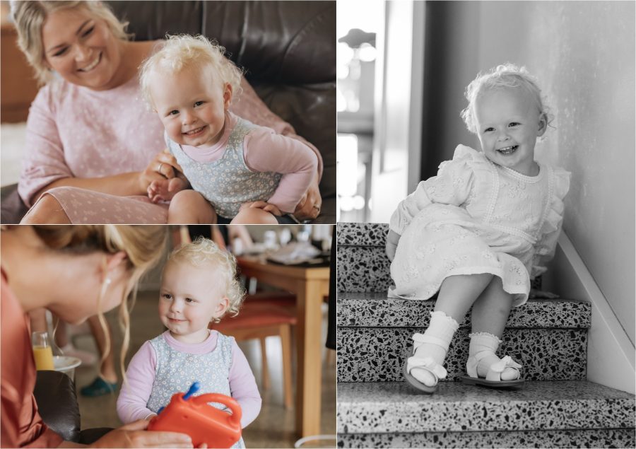 Flower girl being cute smiling bridal prep