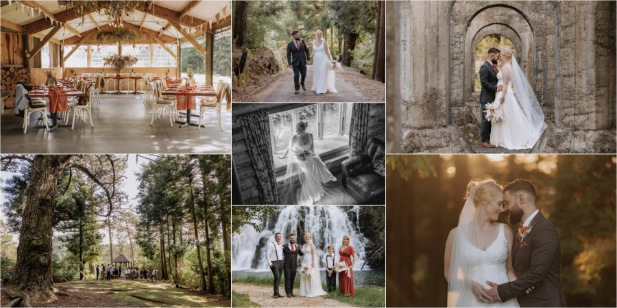 Wedding images at Falls Retreat Waihi of ceremony area, historical area, reception layout and waterfall