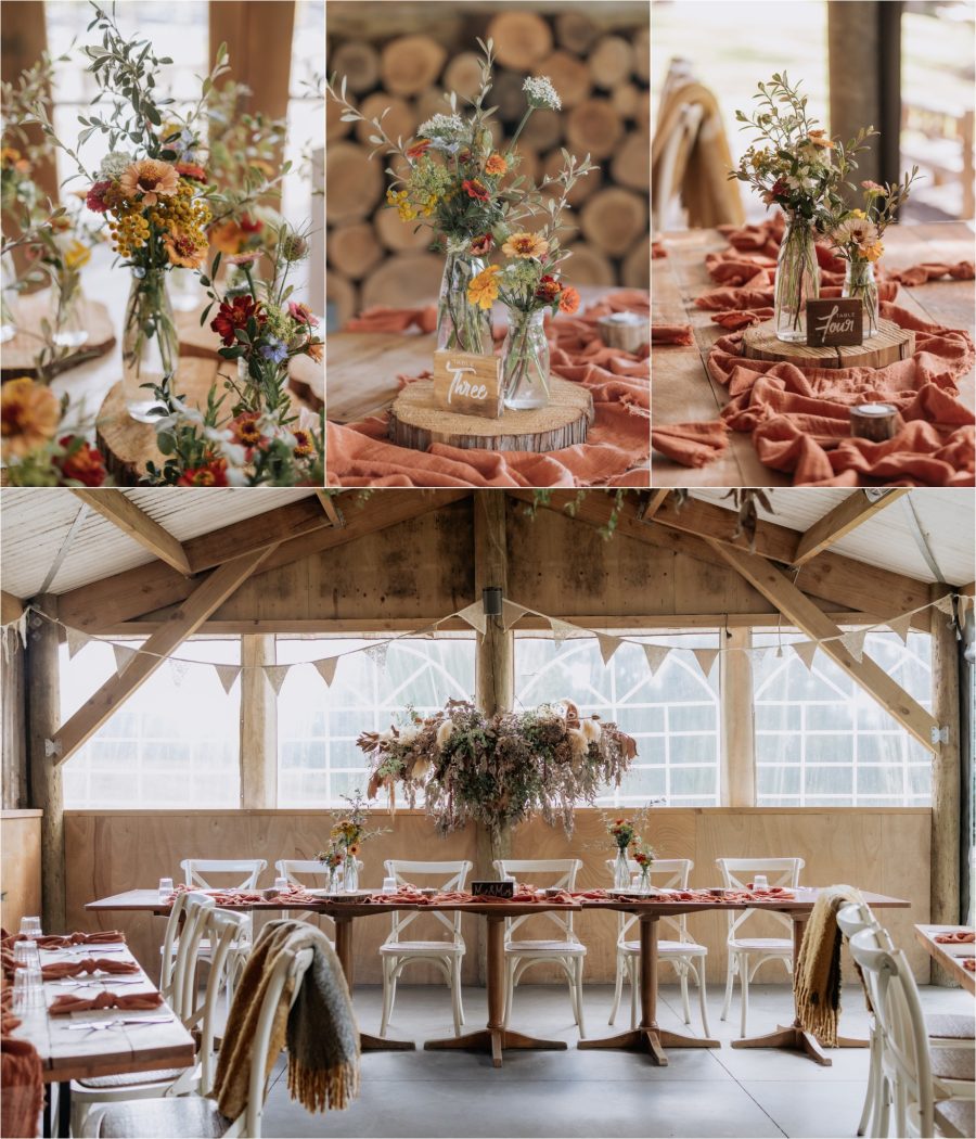 Falls Retreat reception and restaurant area. Tables with orange table runners with country flowers