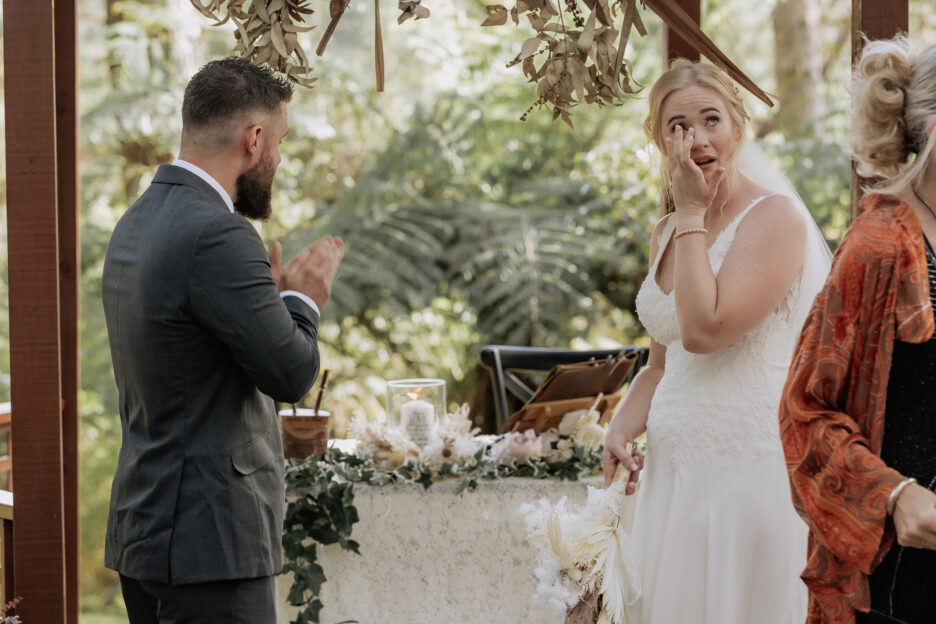 Bride and groom's tears during ceremony at Falls Retreat