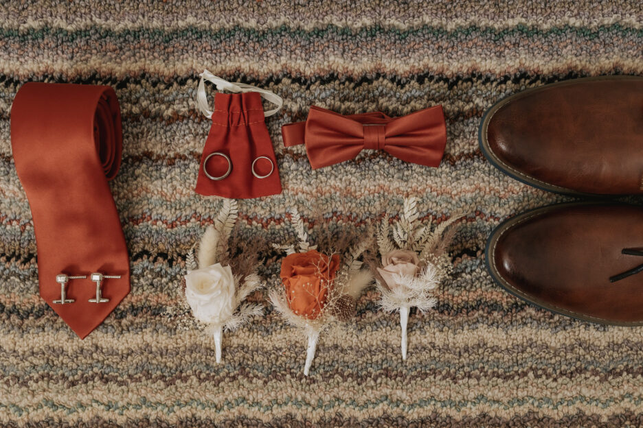 Grooms details, rustic country colors bow tie leather shoes and rings