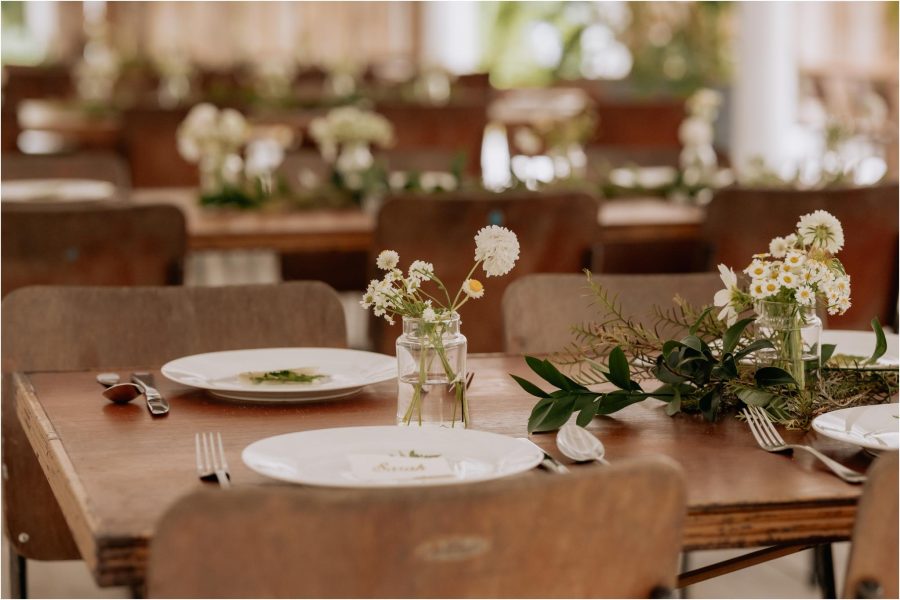 Old Forest School rustic table setting with country flowers