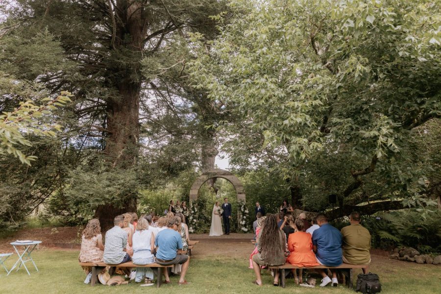 Wedding ceremony in progress outdoor at Old Forest School under Sycamore tree