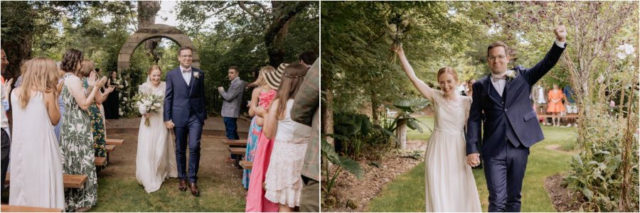 Couple just married walking down aisle