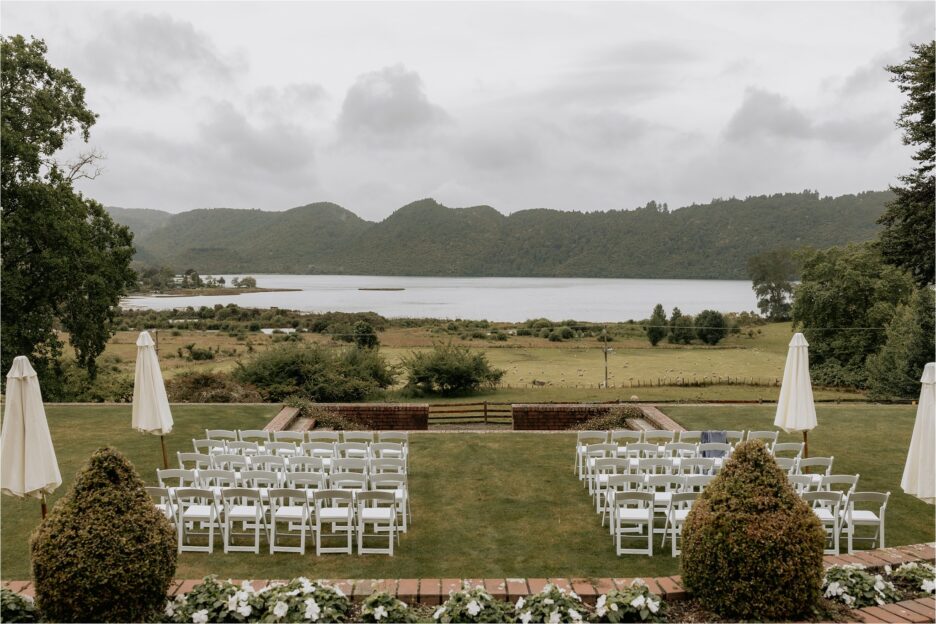 Longfords outdoor ceremony area ready for wedding with Lake Okareka views