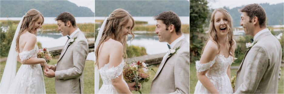 Groom looks at his bride for the first look