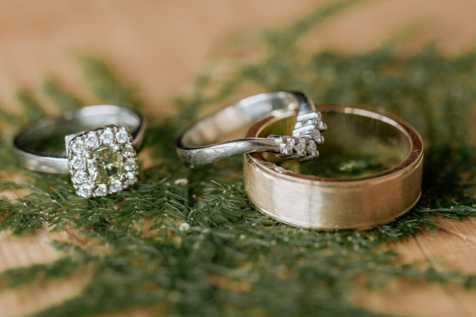 Wedding and engagement rings sitting on a new zealand fern