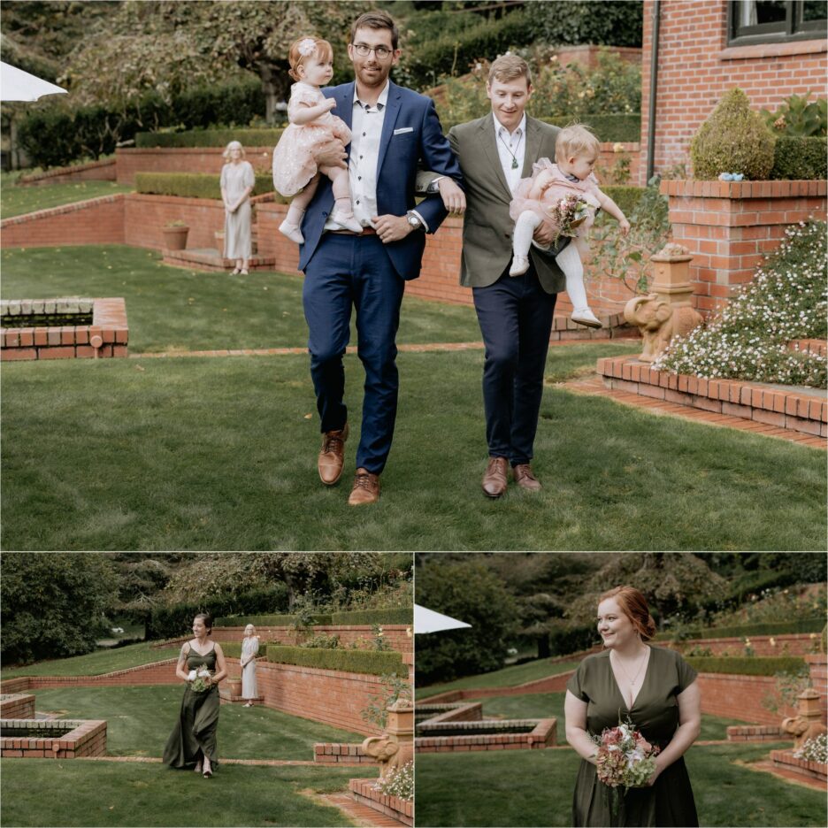 Bridesmen walking down aisle with bridesmaids