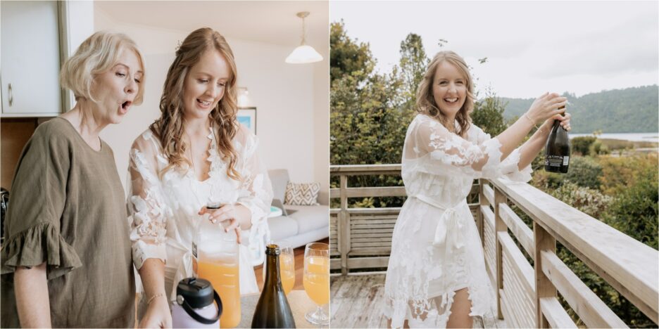 Mother of bride and daughter pop champagne