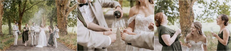 Drinking champagne and pouring wine for wedding party