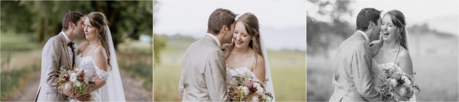Bride and groom giggling cuddling during wedding photos