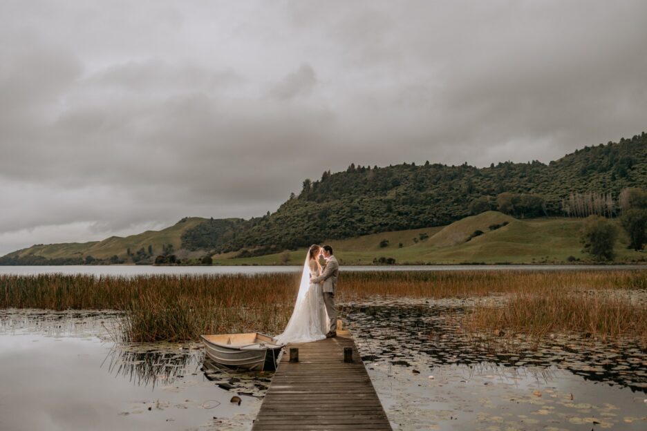 Night scene at Lake Okareka during wedding photography on wharf